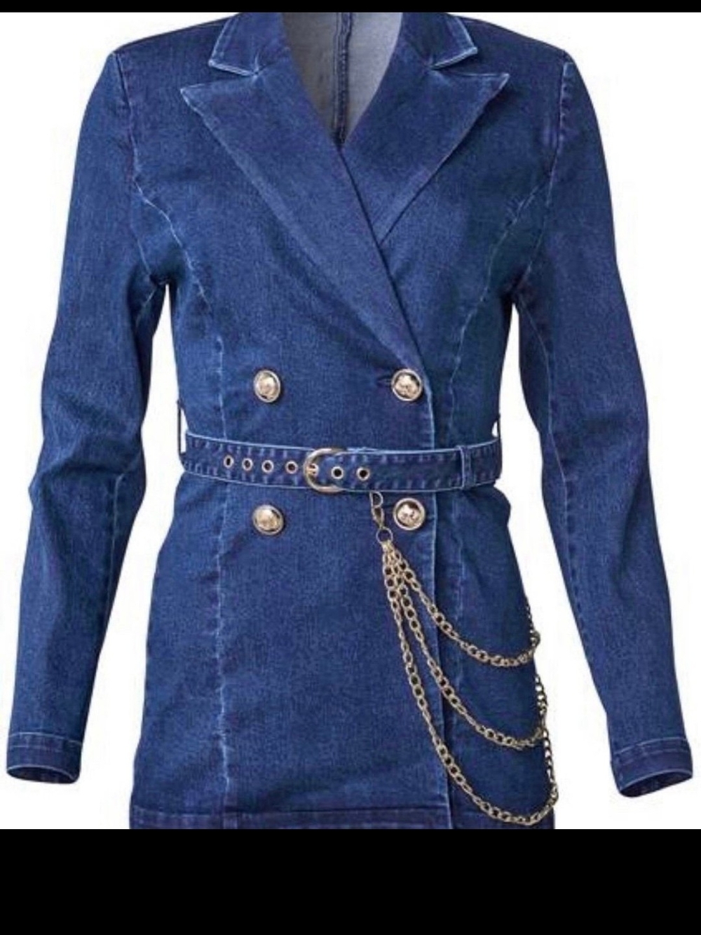 Venus Double-Breasted Denim Blazer with Chain Belt - Blue Size 12
